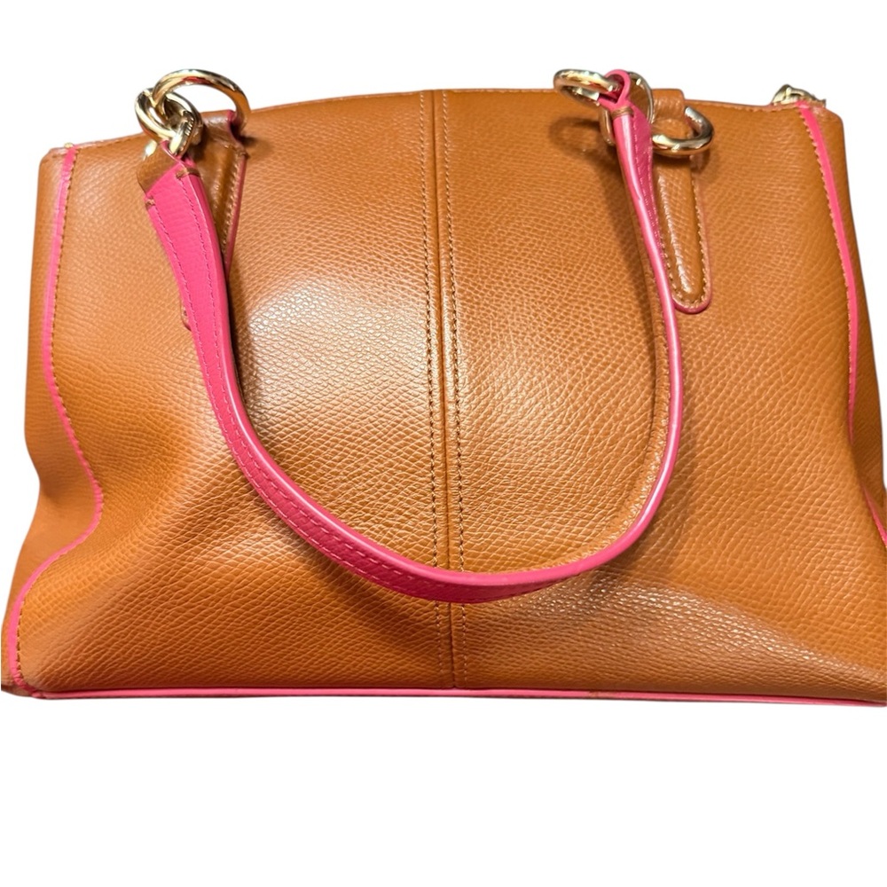 Coach Tan Pebbled Leather Satchel with Pink Trim - Picture 2 of 9